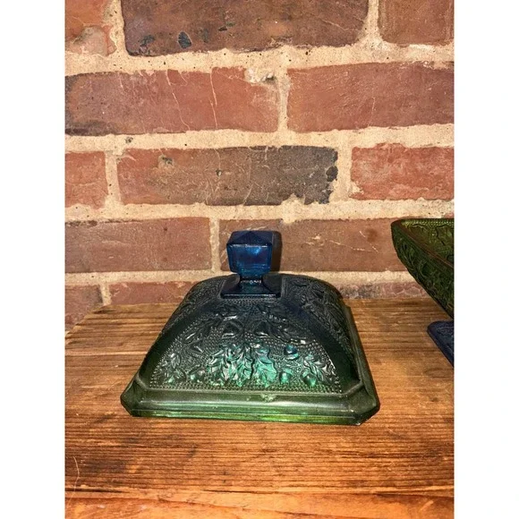 Jeannette Blue Green Glass Footed Candy Dish Grape Leaf - Picture 7 of 9